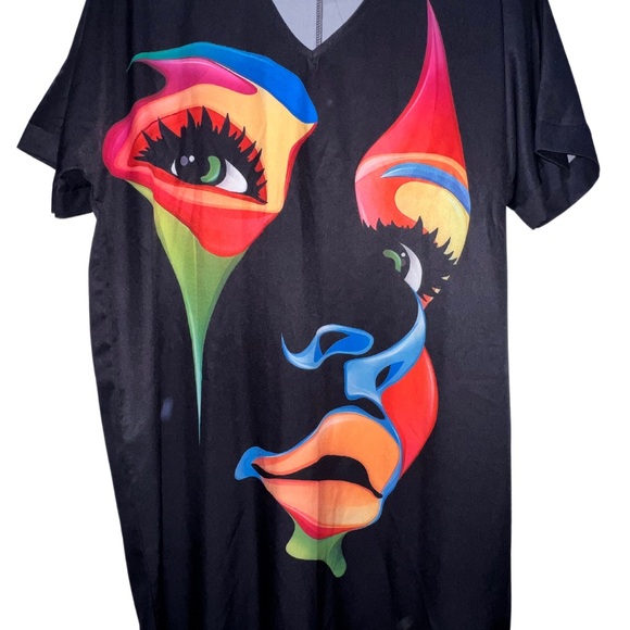 Abstract Print V Neck Loose Dress, Casual Short Sleeve Dress For Spring & Summer - Picture 6 of 6